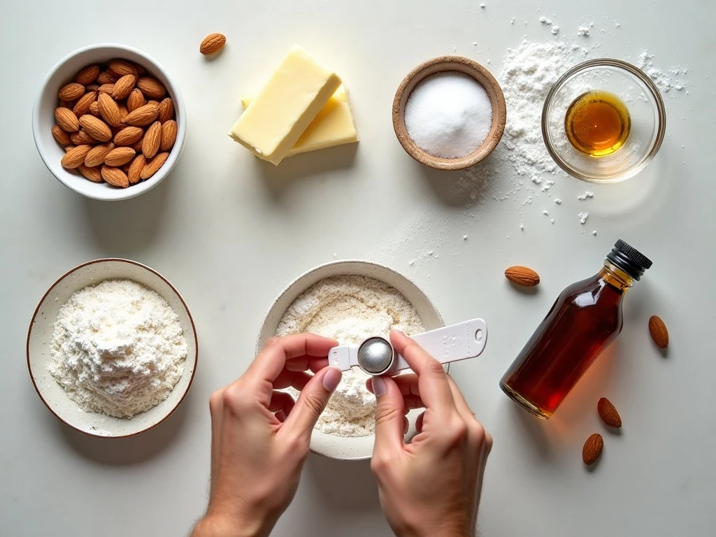 Ingredients for toasted almond Russian tea cakes