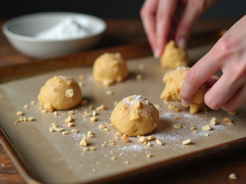 Shaping toasted almond Russian tea cake dough into balls