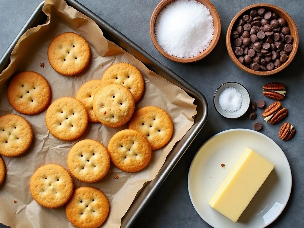 Ingredients for easy toffee cracker candy arranged for baking