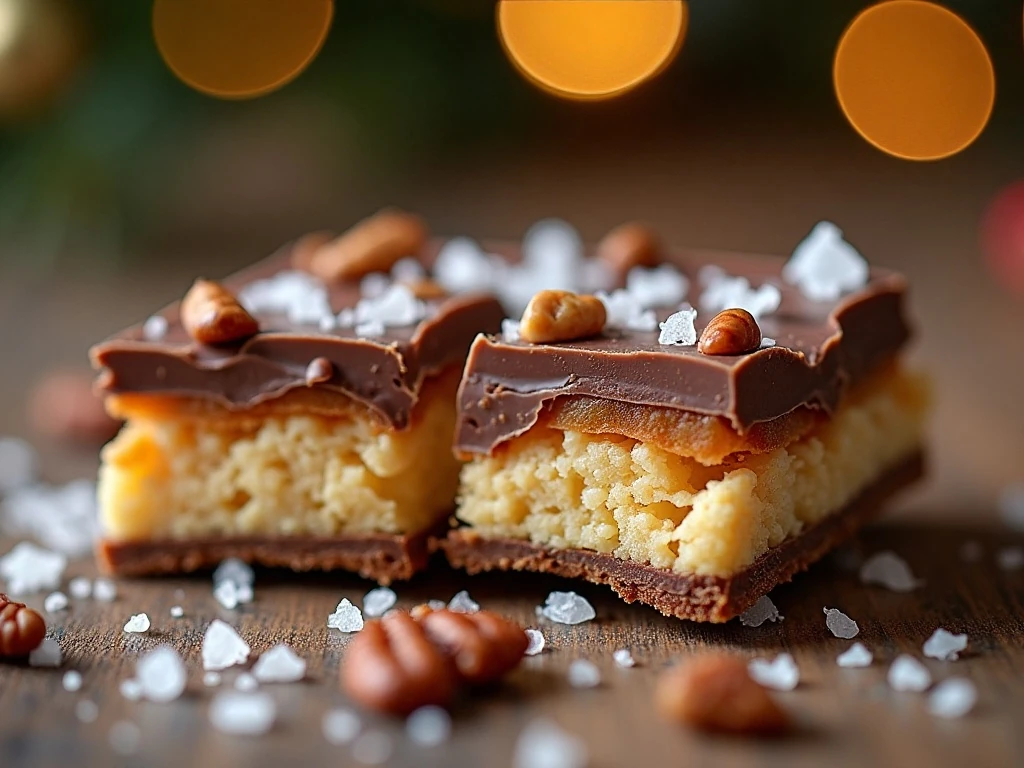 Close-up of chocolate toffee cracker candy with pecans and sea salt