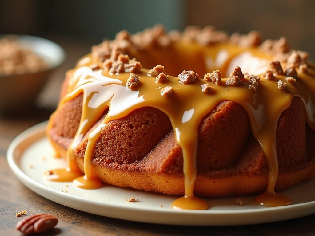 Toffee pecan caramel pound cake on a serving platter