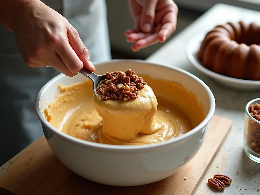 Folding pecans and toffee bits into pound cake batter