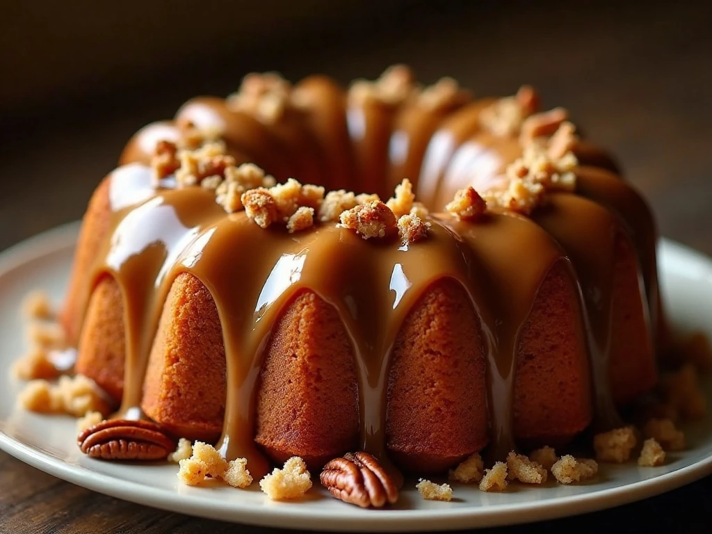 Caramel glaze with pecans and toffee on Bundt cake