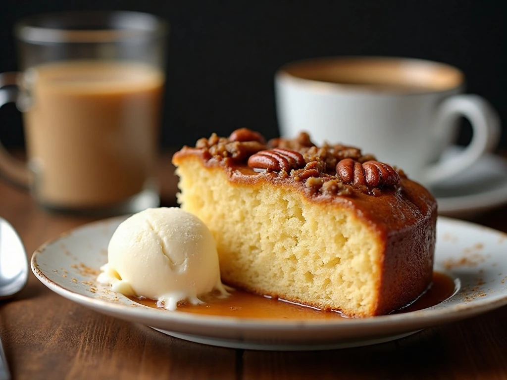 Slice of caramel pound cake served with vanilla ice cream
