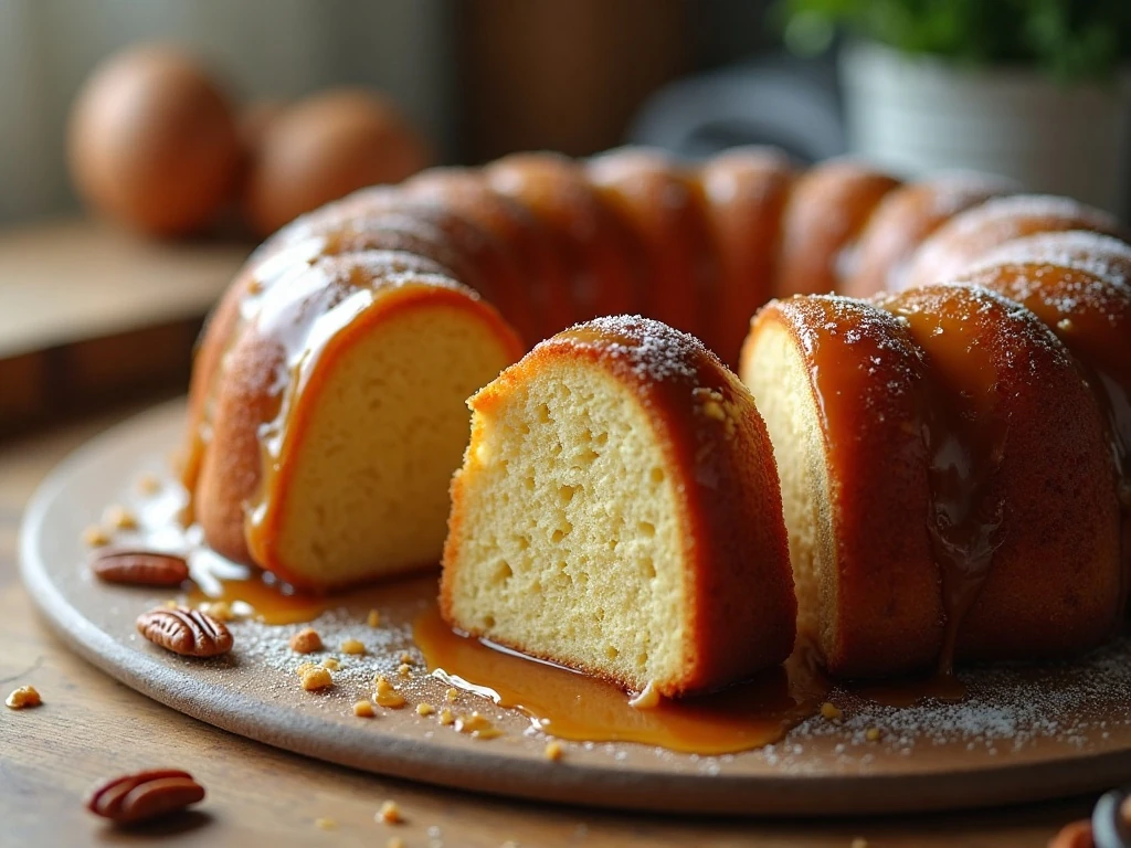 Stored toffee pecan caramel pound cake and individual slices