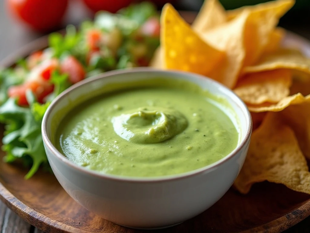 Creamy tomatillo avocado ranch dressing served with a taco salad and tortilla chips