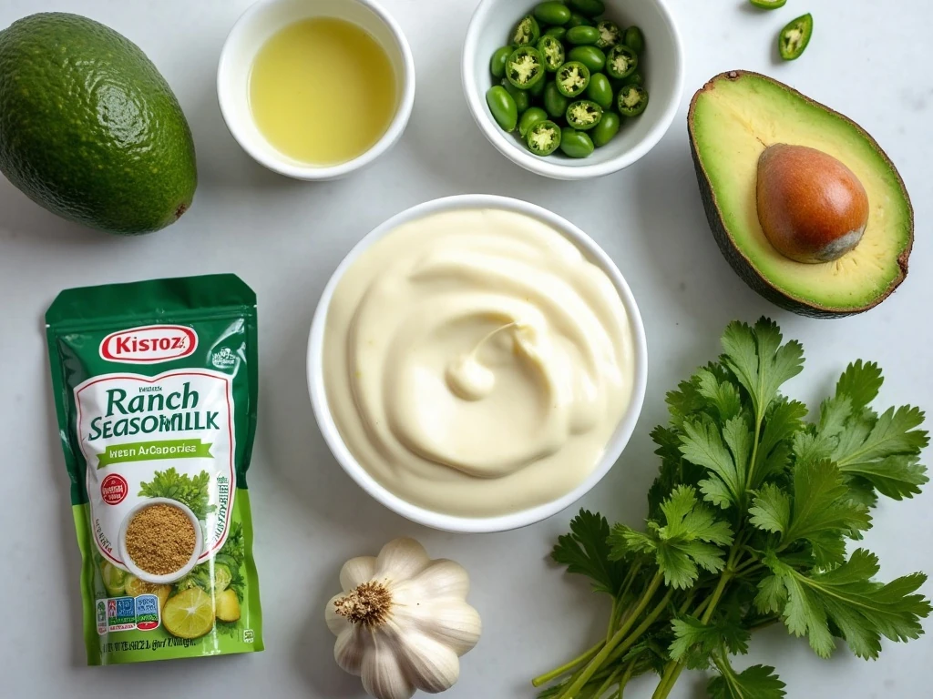 Ingredients for creamy tomatillo avocado ranch dressing