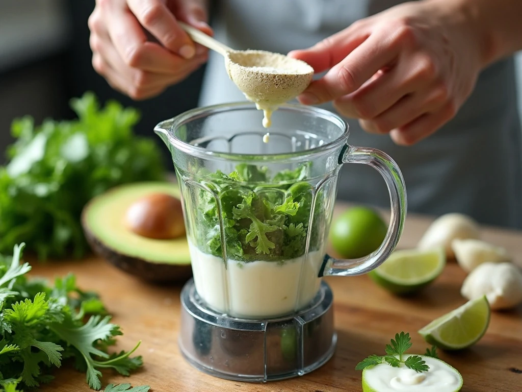 Ingredients being prepared for blended tomatillo avocado ranch dressing