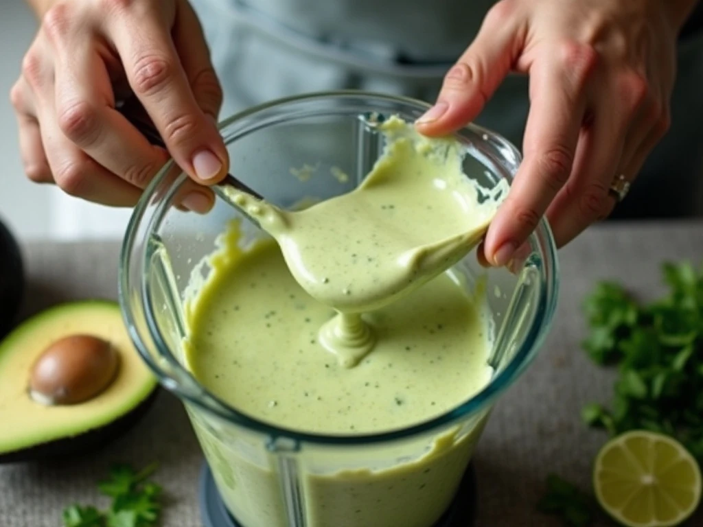 Smooth creamy tomatillo avocado ranch dressing in a blender