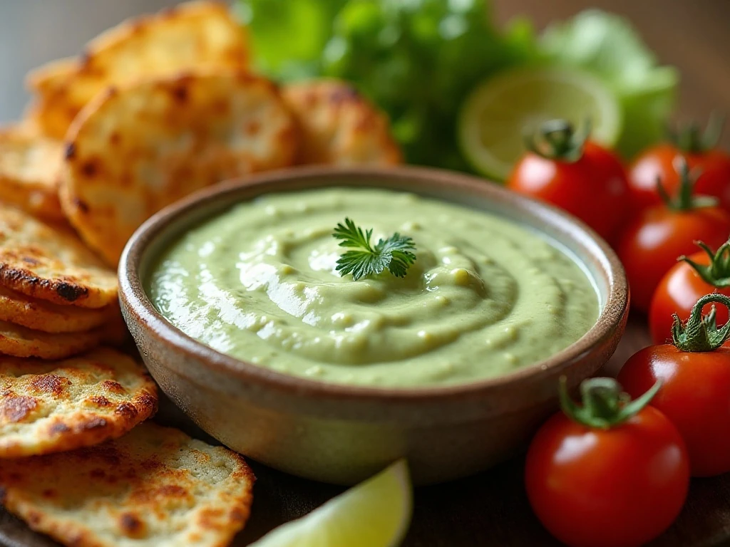 Tomatillo avocado ranch dressing served with tacos, salad, chicken, and vegetables