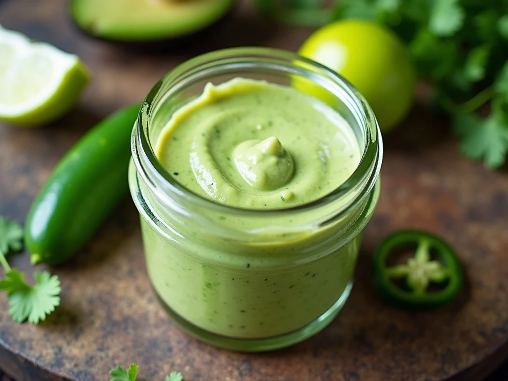 Chilled tomatillo avocado ranch dressing stored in an airtight container