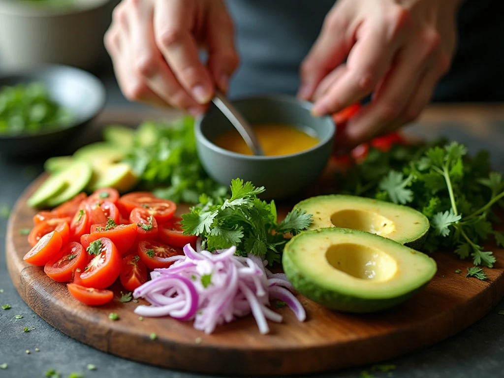 Preparing tomatoes, avocado, onion, cilantro, and lime dressing for salad