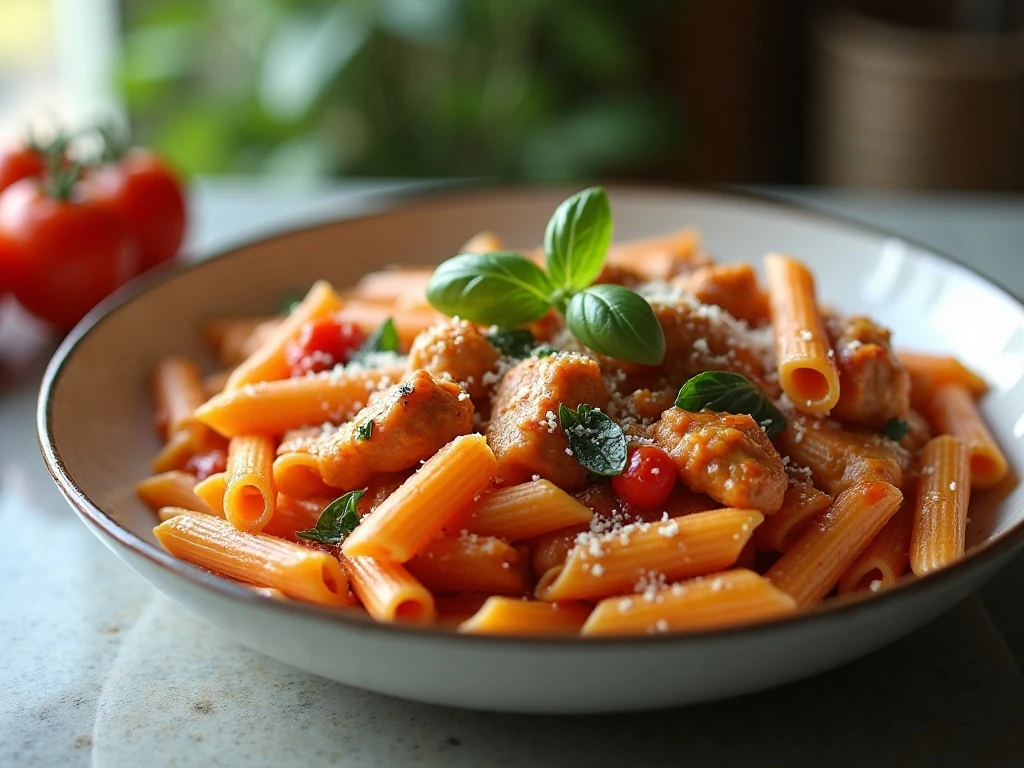 Tomato basil chicken and pasta served as an easy weeknight dinner