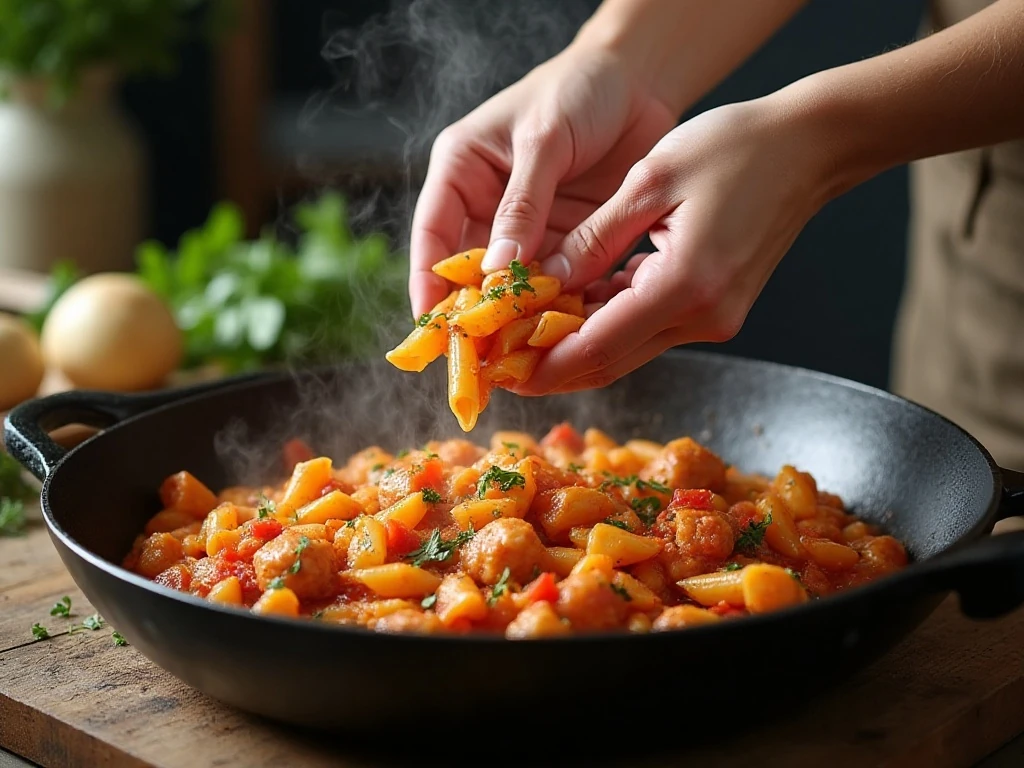 Chicken and pasta being tossed in tomato sauce in a skillet