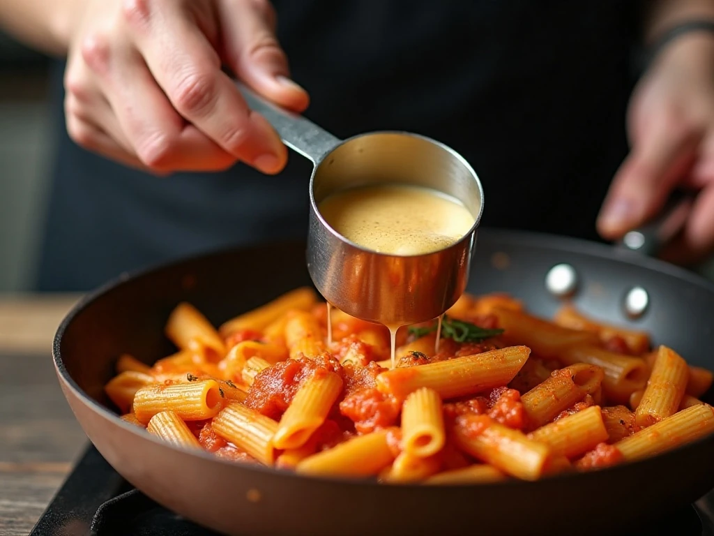 Reserved pasta water being added to tomato chicken pasta sauce