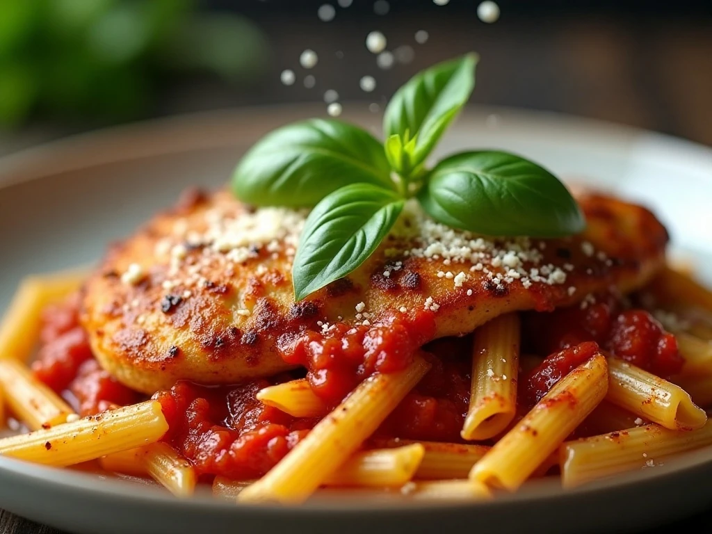 Fresh basil and Parmesan garnish on tomato chicken pasta