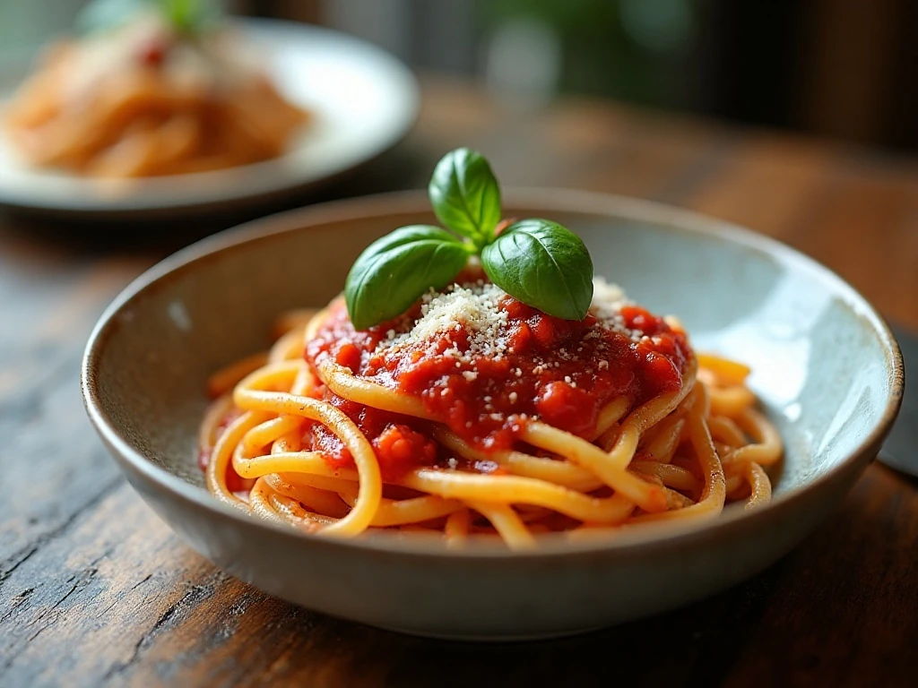 Bowl of easy tomato basil pasta with Parmesan and fresh basil