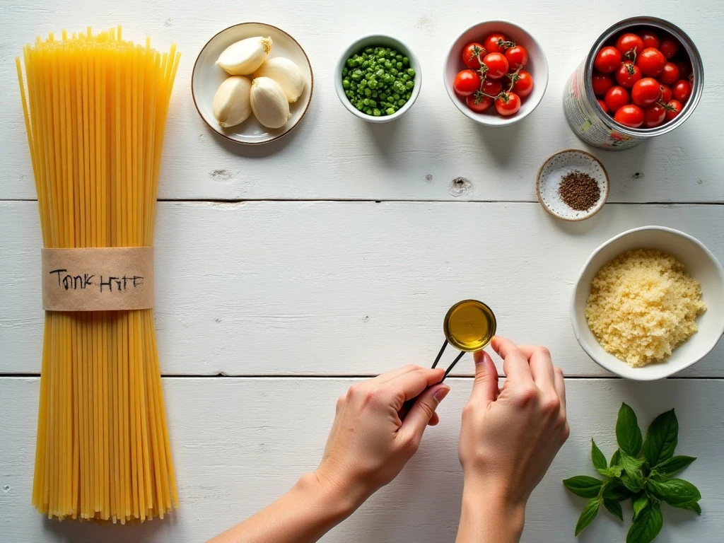 Ingredients for easy tomato basil pasta arranged for cooking