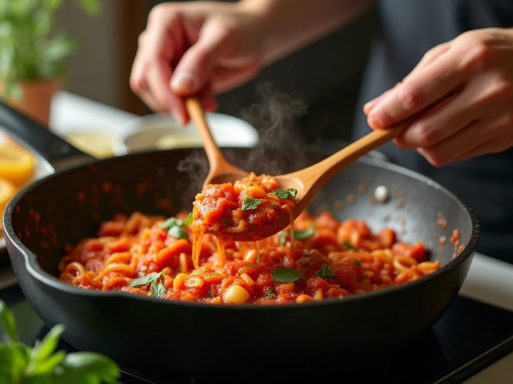 Tomato sauce simmering in a skillet for basil pasta