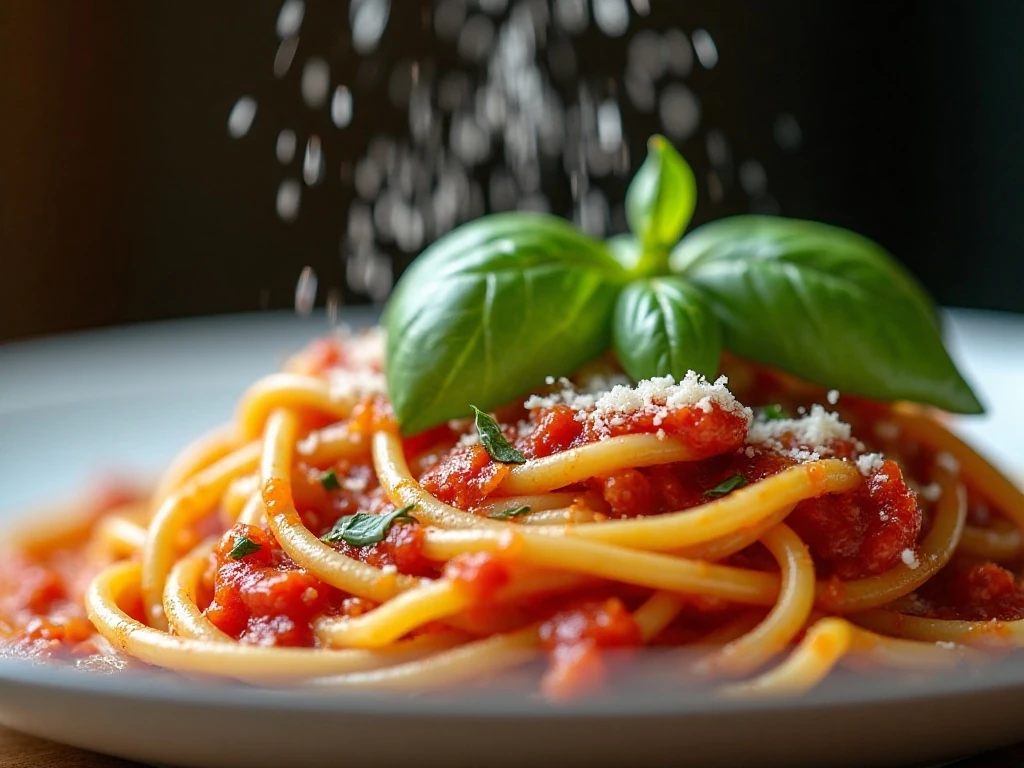 Fresh basil and Parmesan finishing tomato pasta