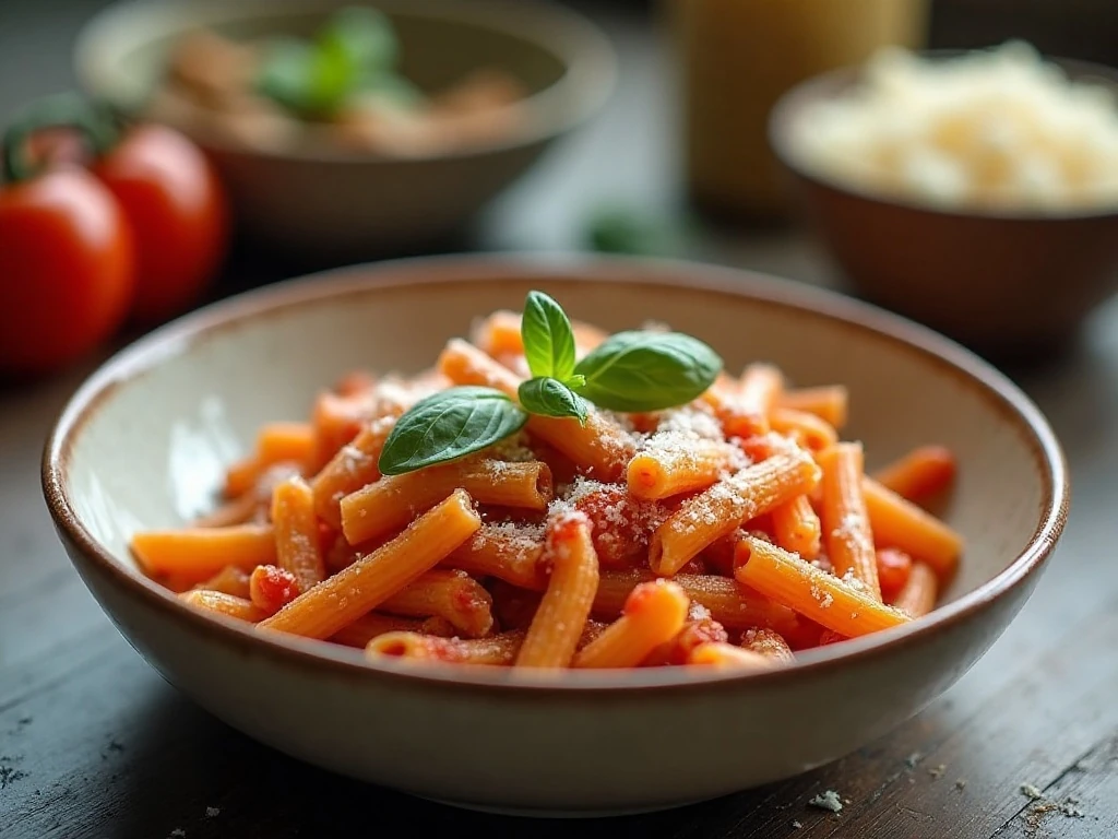 Tomato basil pasta served with fresh basil after reheating