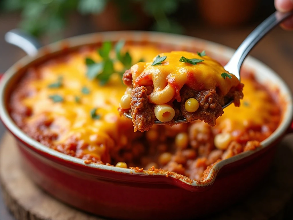 Bubbling tomato beef country casserole with macaroni, corn, and melted cheddar