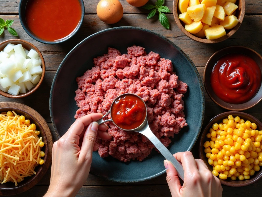 Ingredients for tomato beef country casserole arranged on a kitchen table