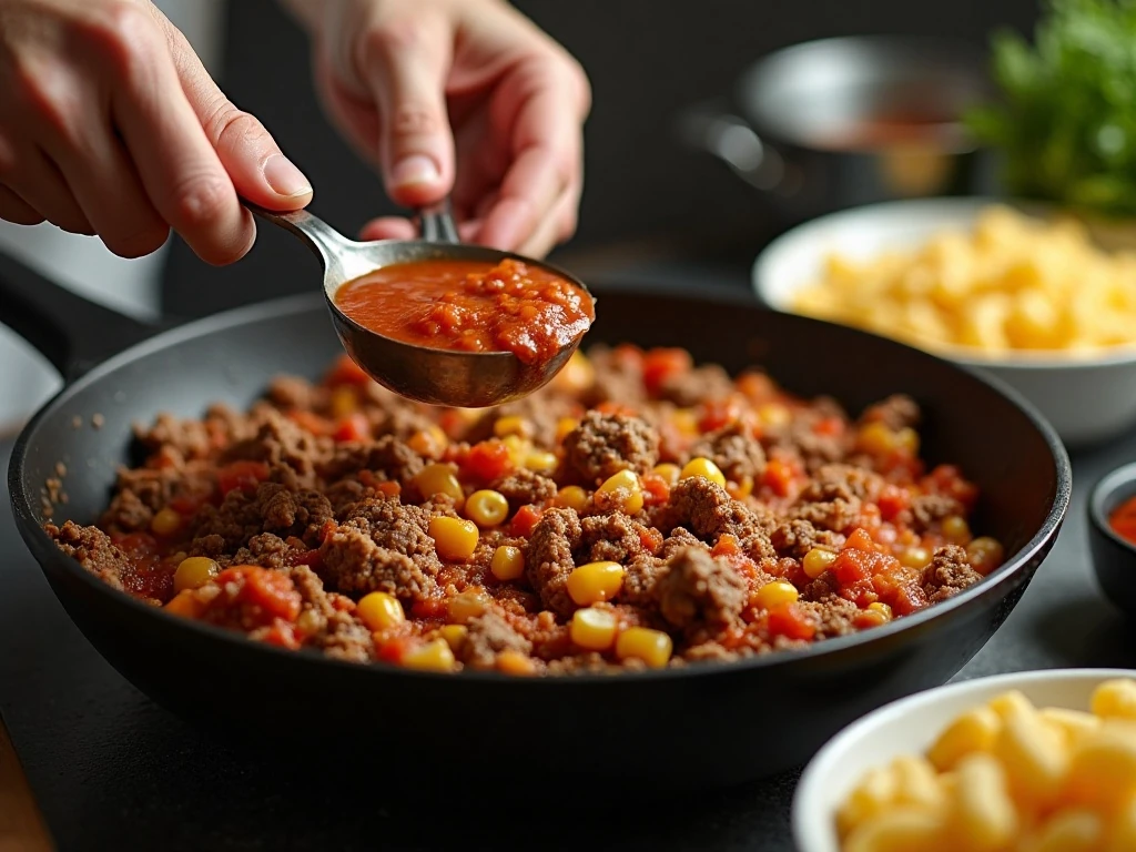 Beef and tomato casserole mixture being stirred in a skillet