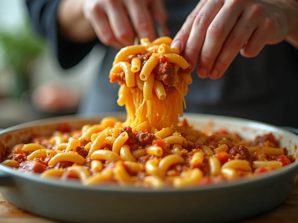 Macaroni and cheese being combined with tomato beef filling