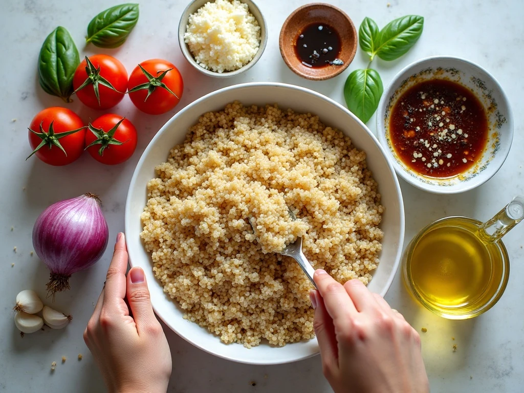 Ingredients for tomato bruschetta quinoa arranged in a flat lay