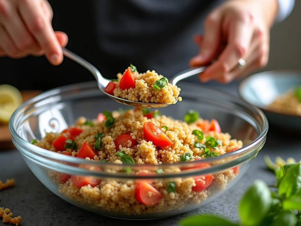 Mixing quinoa with tomato bruschetta ingredients