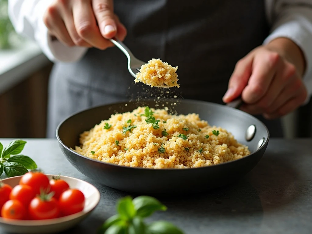 Cooling fluffy quinoa before mixing it with tomatoes