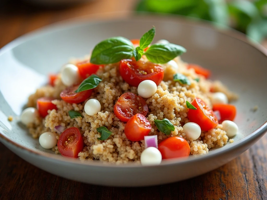 Plated tomato bruschetta quinoa ready to serve