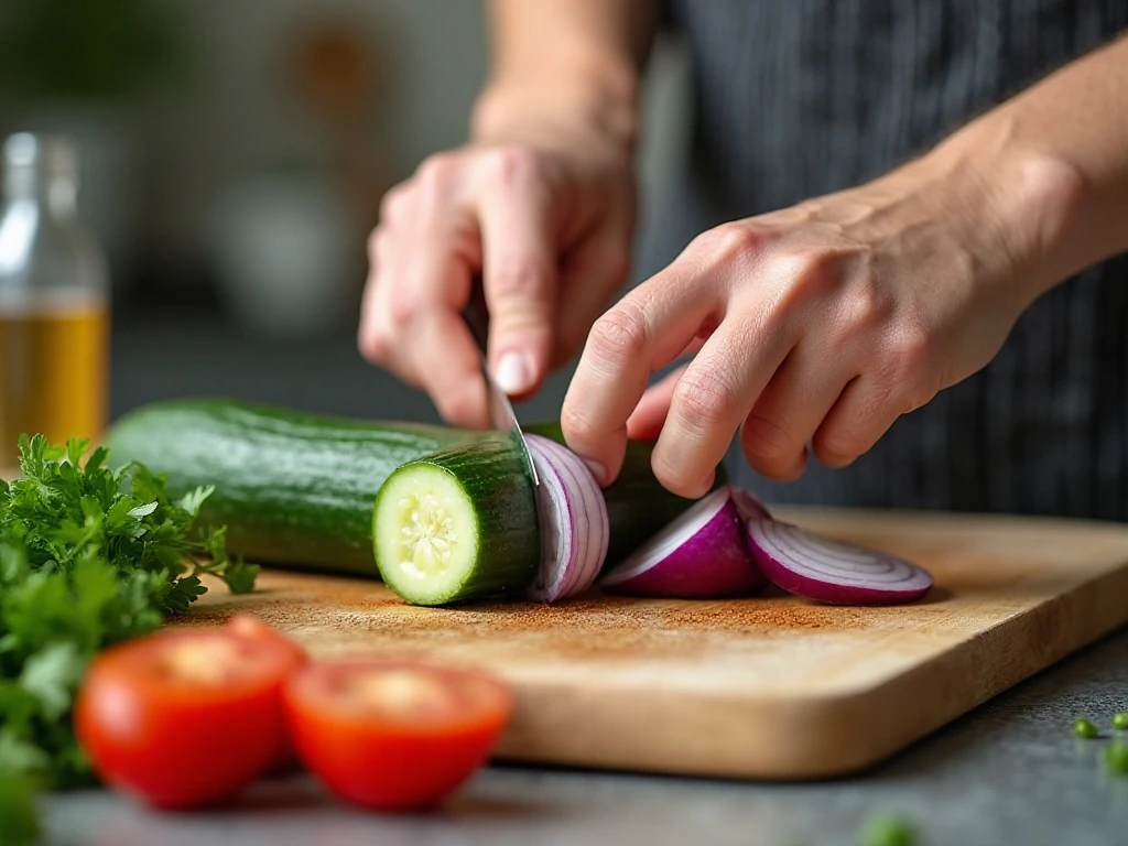 Preparing cucumber and vegetables for tomato salad
