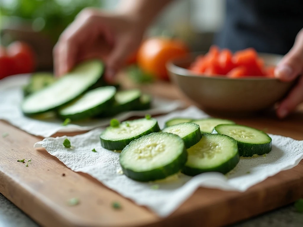 Salting cucumber slices to reduce excess liquid