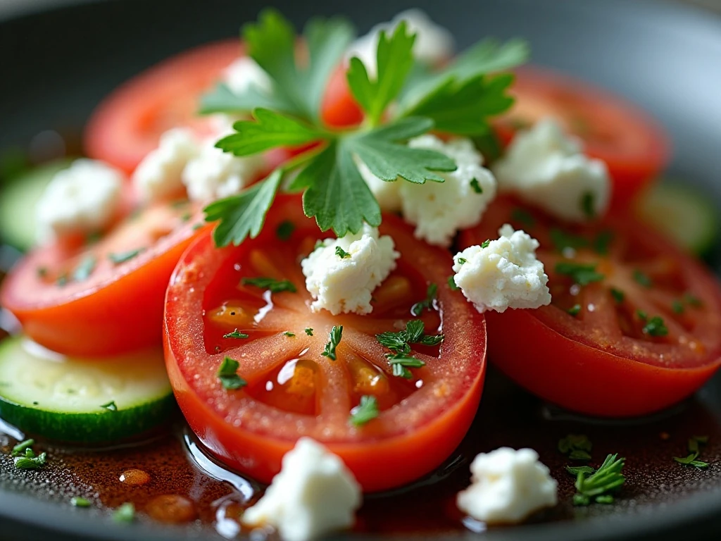 Tomato cucumber salad with feta and fresh herbs