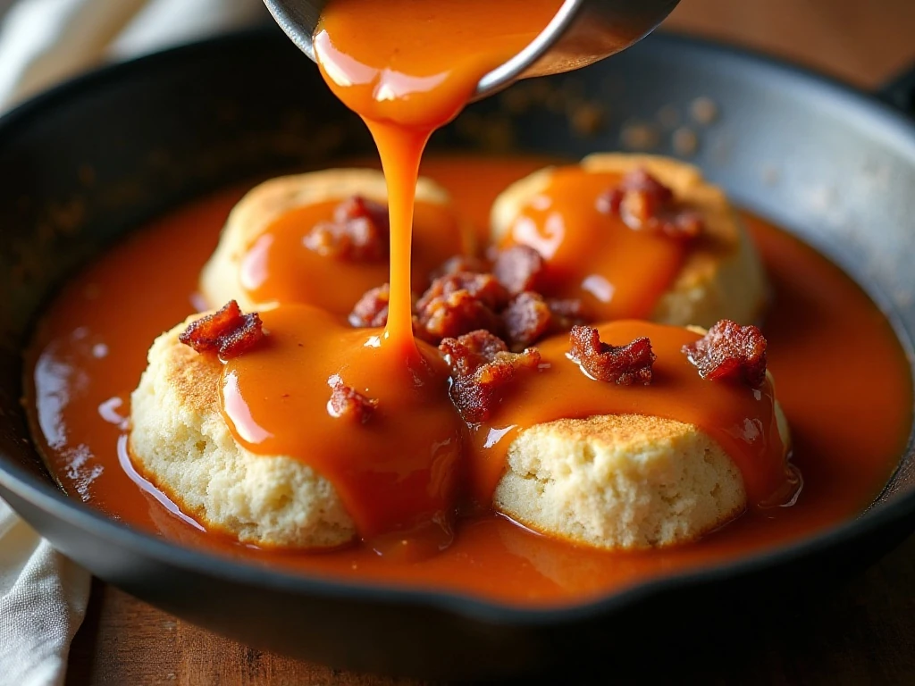 Southern tomato gravy served over warm biscuits