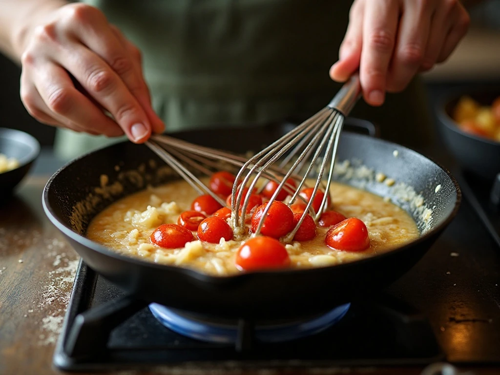 Whisking tomato gravy in a cast-iron skillet