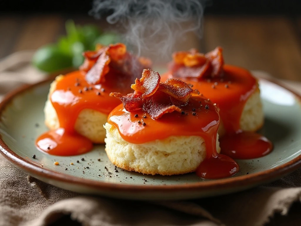 Close-up of tomato gravy and bacon over biscuits