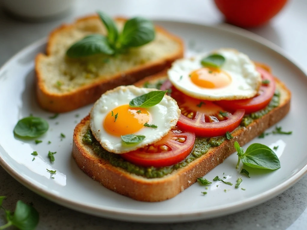 Tomato pesto breakfast toast with fried eggs and ripe tomatoes