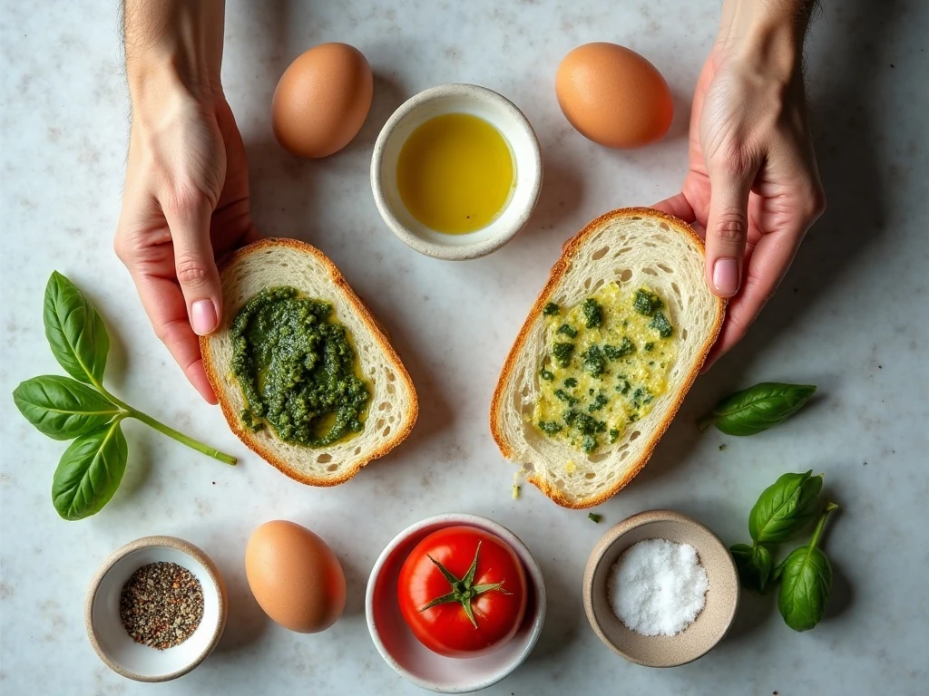 Ingredients for tomato pesto breakfast toast