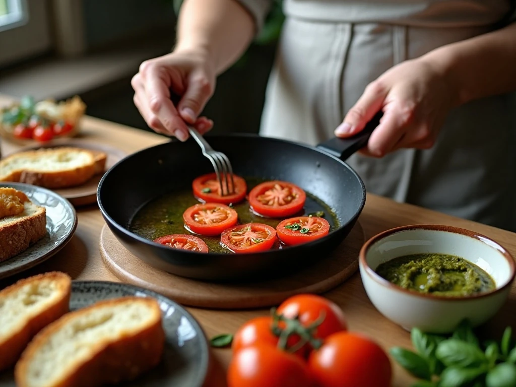 Tomato slices cooking for pesto breakfast toast