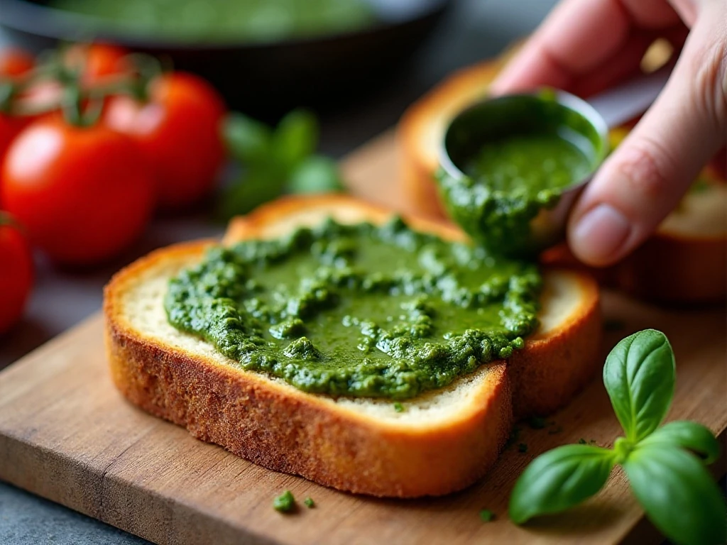 Spreading basil pesto on crisp rustic toast