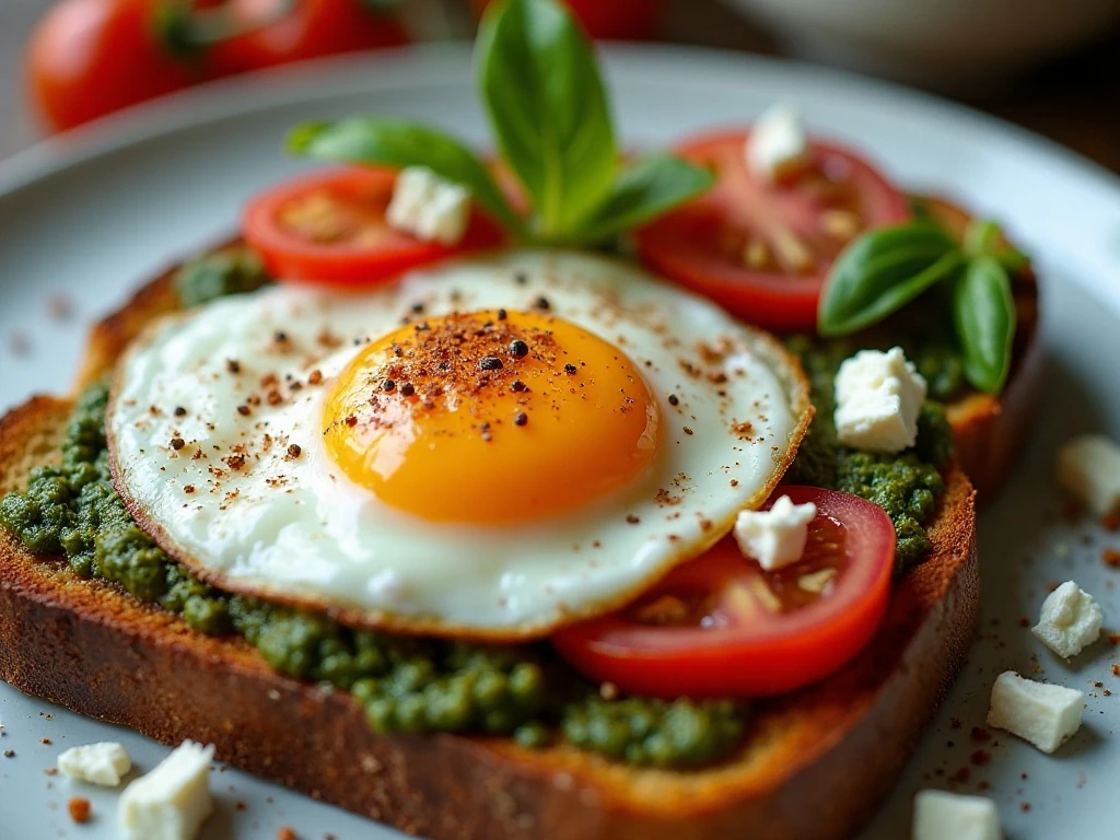 Garnished tomato pesto toast with feta and basil