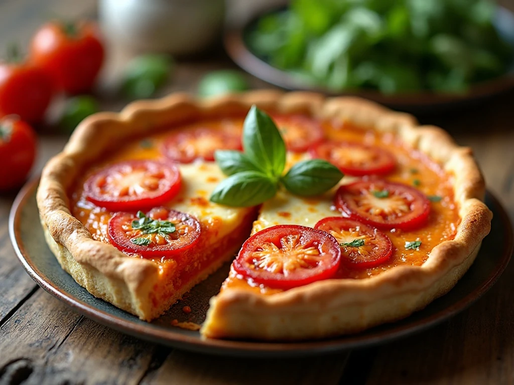 Golden Southern tomato pie served in slices with fresh basil