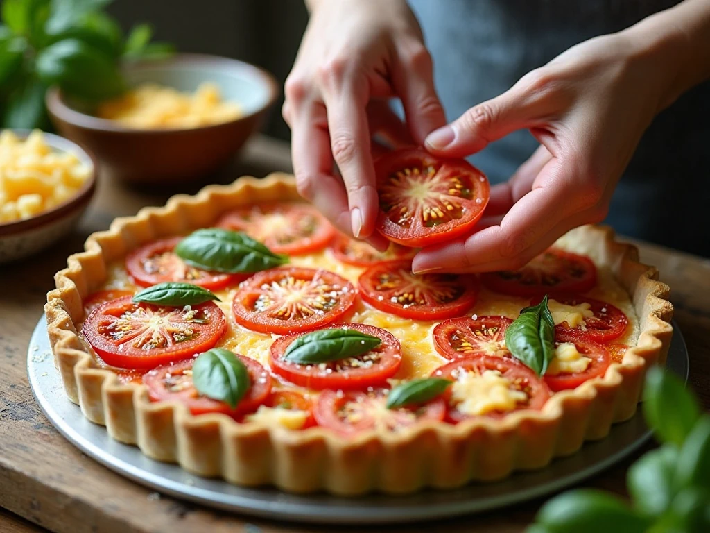 Layering blotted tomatoes and cheese mixture in a piecrust