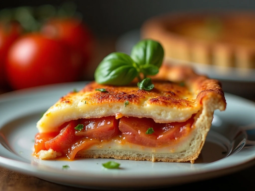 A reheated slice of Southern tomato pie with basil garnish