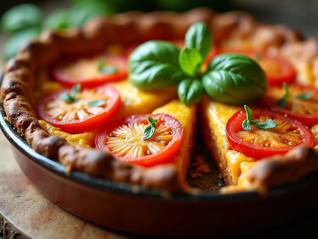 Golden Southern tomato pie with ripe tomato layers and melted cheese