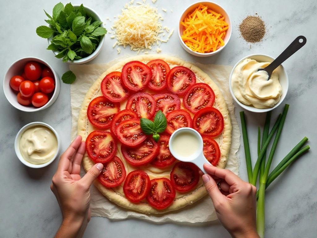 Ingredients for Southern tomato pie arranged for cooking