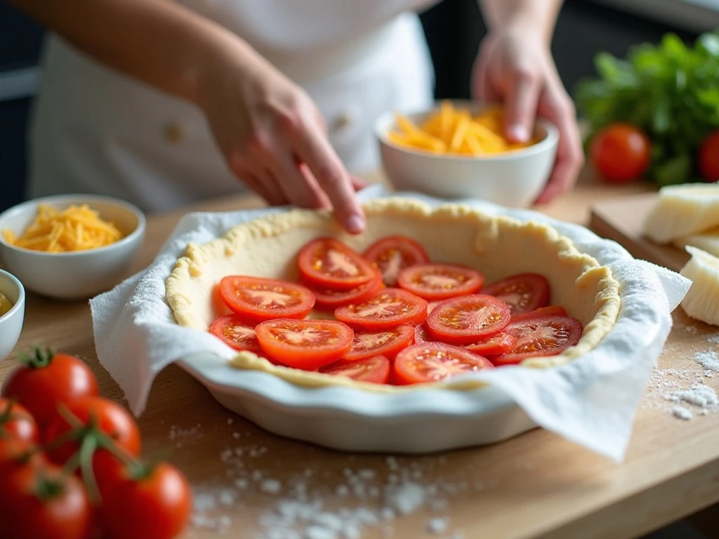 Draining tomato slices and preparing the crust for tomato pie